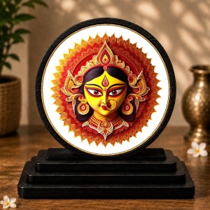 Car Dashboard Wooden Goddess Durga Showpiece | 4 X 4.5 Inch Sublimation Printed Decorative Stand | 4 Mm MDF | Home Decor | Made in India (F33594)