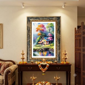 Painting Of A Cozy Countryside Cottage By A River Decorative Photo Frame With White Mount | Premium Wall & Tabletop Picture Frame | Home, Office & Temple Decoration | 8x12 Inch (Pack Of 1) (F31272)