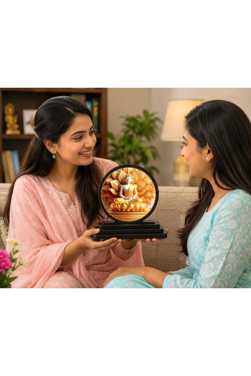 Car Dashboard Wooden Gautam Buddha Showpiece | 4 X 4.5 Inch Sublimation Printed Decorative Stand | 4 Mm MDF | Home Decor | Made in India (F33343)