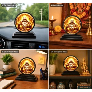 Car Dashboard Wooden Laughing Buddha Showpiece | 4 X 4.5 Inch Sublimation Printed Decorative Stand | 4 Mm MDF | Home Decor | Made in India (F33620)