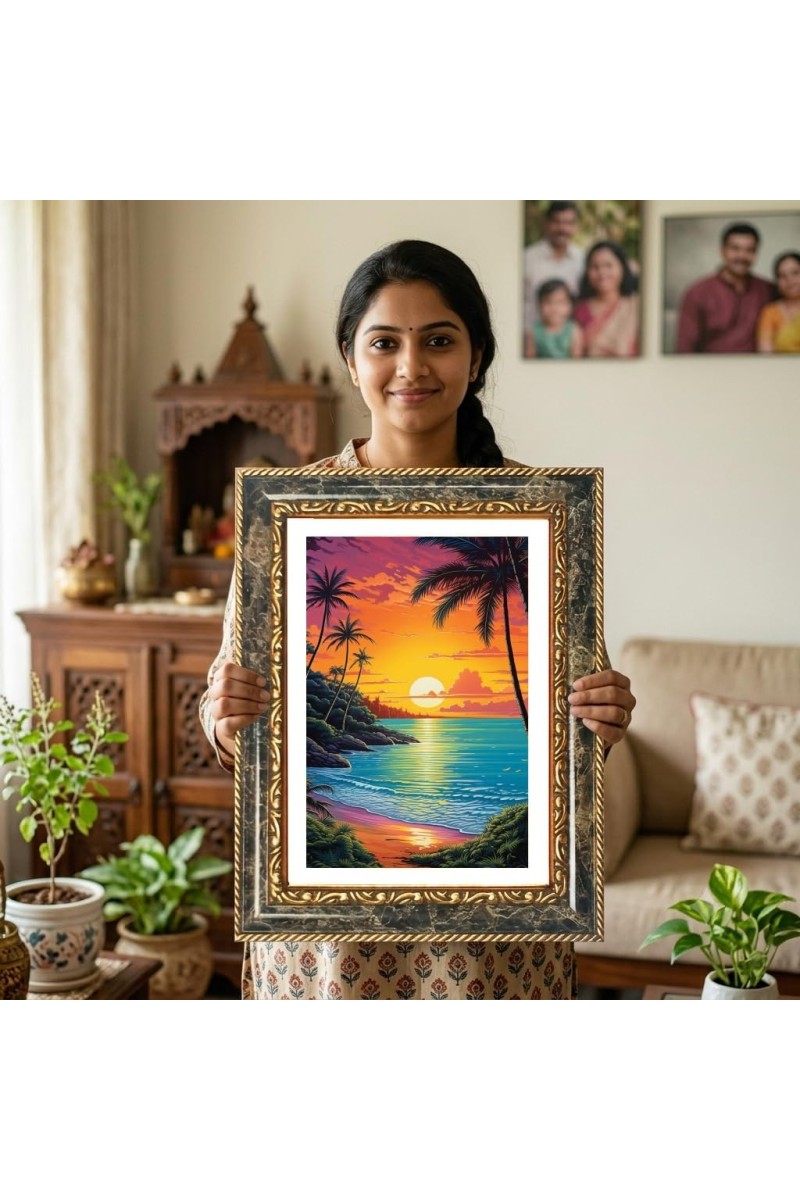 Tropical Sunset Canvas Wall Art Decorative Photo Frame With White Mount | Premium Wall & Tabletop Picture Frame | Home, Office & Temple Decoration | 8x12 Inch (Pack Of 1) (F32660)