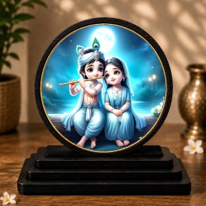 Car Dashboard Wooden Radhaa Krishna Showpiece | 4 X 4.5 Inch Sublimation Printed Decorative Stand | 4 Mm MDF | Home Decor | Made in India (F33501)
