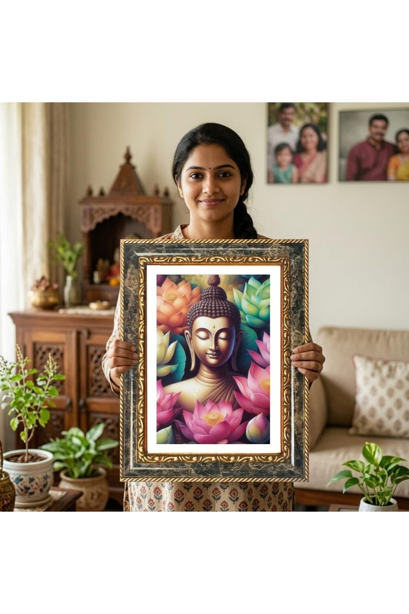 Buddha Decorative Photo Frame With White Mount | Premium Wall & Tabletop Picture Frame | Home, Office & Temple Decoration | 8x12 Inch (Pack Of 1) (F32671)
