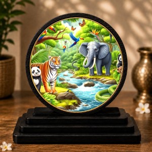 Car Dashboard Wooden Vibrant Jungle Scene Showpiece | 4 X 4.5 Inch Sublimation Printed Decorative Stand | 4 Mm MDF | Home Decor | Made in India (F33616)