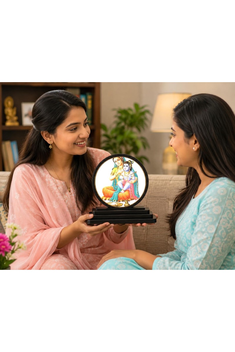 Car Dashboard Wooden Bal Krishna with MATA Yashoda Showpiece | 4 X 4.5 Inch Sublimation Printed Decorative Stand | 4 Mm MDF | Home Decor | Made in India (F33449)