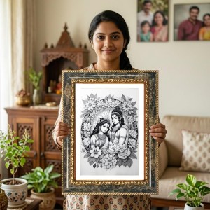 Radhaa And Krishna Decorative Photo Frame With White Mount | Premium Wall & Tabletop Picture Frame | Home, Office & Temple Decoration | 10x14 Inch (Pack Of 1) (F33181)
