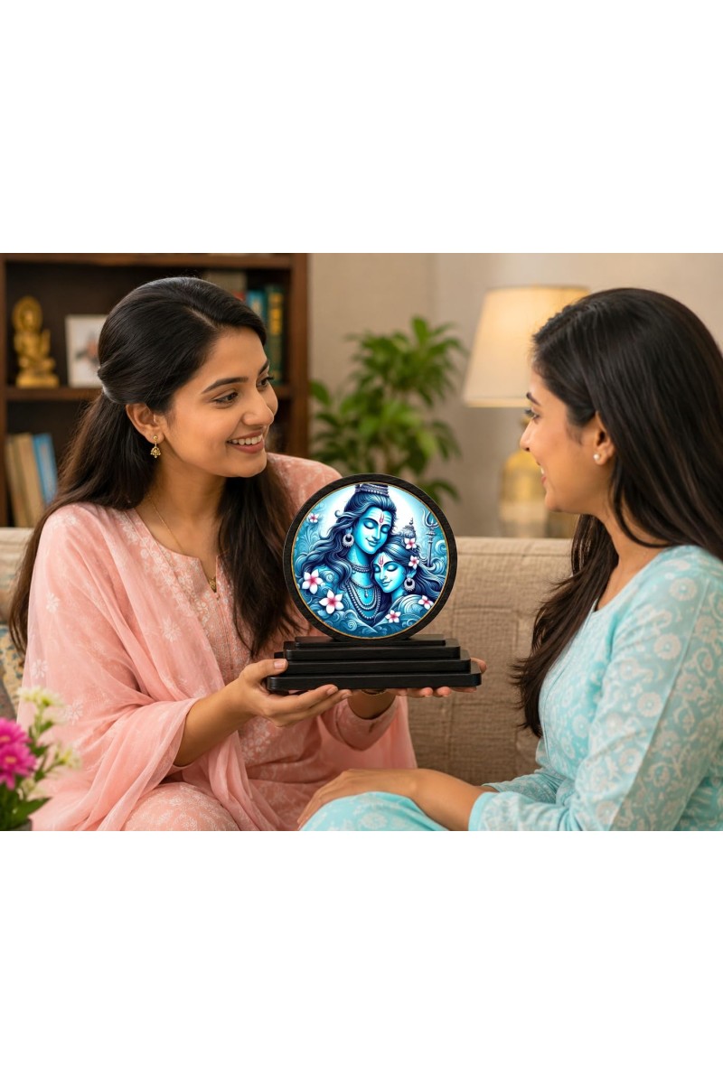 Car Dashboard Wooden Lord Shiva and Parvati Showpiece | 4 X 4.5 Inch Sublimation Printed Decorative Stand | 4 Mm MDF | Home Decor | Made in India (F33386)