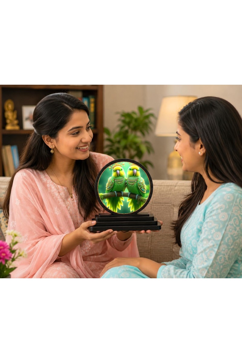 Car Dashboard Wooden Parrot Pair Showpiece | 4 X 4.5 Inch Sublimation Printed Decorative Stand | 4 Mm MDF | Home Decor | Made in India (F33384)