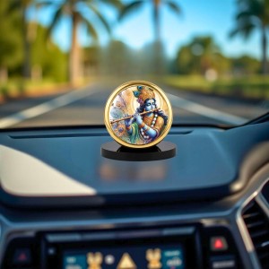 Car Dashboard/Table Top Lord Krishna Metal Golden Photo Stand 2x2 Inches, Compact & Stylish Spiritual Display For Car, Home & Office (Pack Of 1) (F24572)