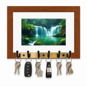 Decorative Wooden Photo Frame Key Hanger With Nature Picture, 12 X 8 Inch Wall Key Holder, 10 X 6 Inch Glossy Photo Frame, 6 Metal Hooks, Home Entrance Decor, Made In India (F38784)