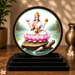 Car Dashboard Wooden Goddess Lakshmi Showpiece | 4 X 4.5 Inch Sublimation Printed Decorative Stand | 4 Mm MDF | Home Decor | Made in India (F33630)