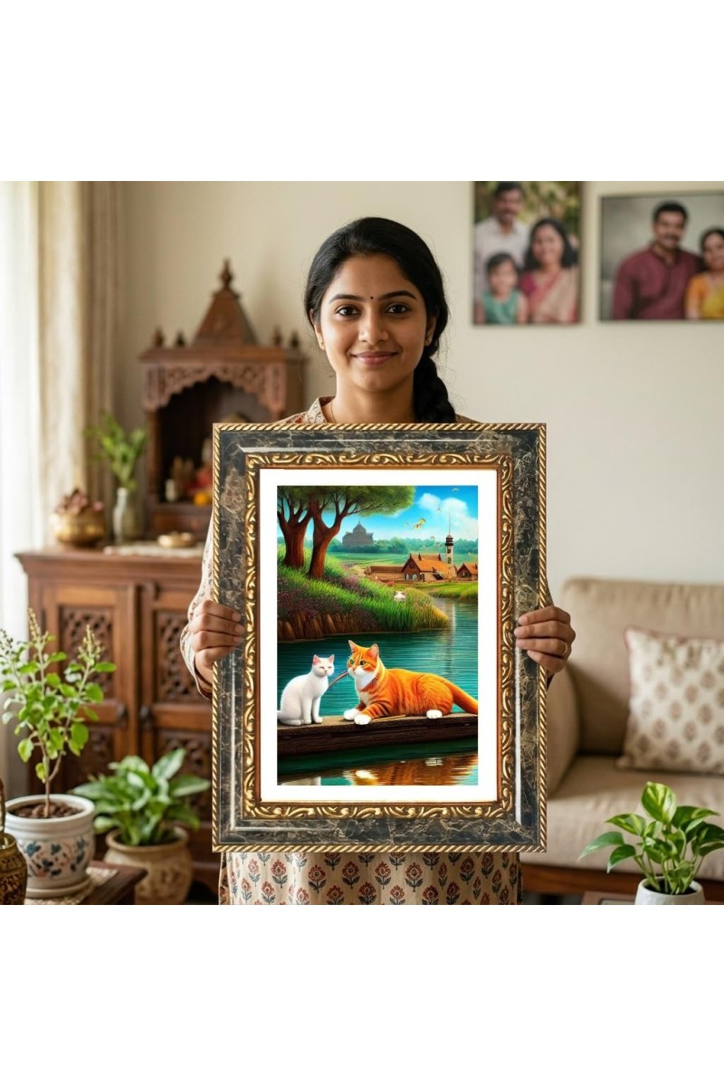 Two Cats Decorative Photo Frame With White Mount | Premium Wall & Tabletop Picture Frame | Home, Office & Temple Decoration | 8x12 Inch (Pack Of 1) (F32643)