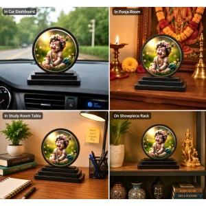 Car Dashboard Wooden Bal Krishna Showpiece | 4 X 4.5 Inch Sublimation Printed Decorative Stand | 4 Mm MDF | Home Decor | Made in India (F33381)