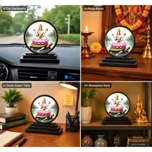 Car Dashboard Wooden Goddess Lakshmi Showpiece | 4 X 4.5 Inch Sublimation Printed Decorative Stand | 4 Mm MDF | Home Decor | Made in India (F33630)
