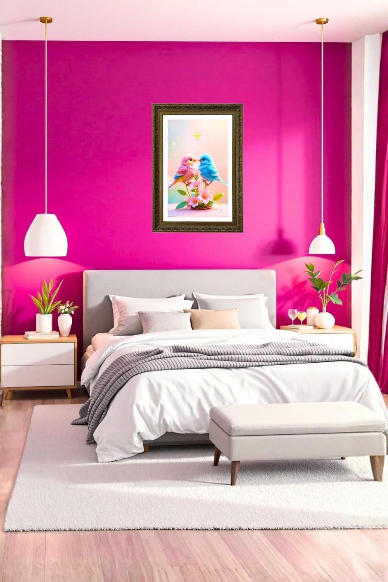 Two Pink And Blue Love Birds Big Photo Frame - 20x28 Inches For Home,Temple & Office Decoration (F10744)