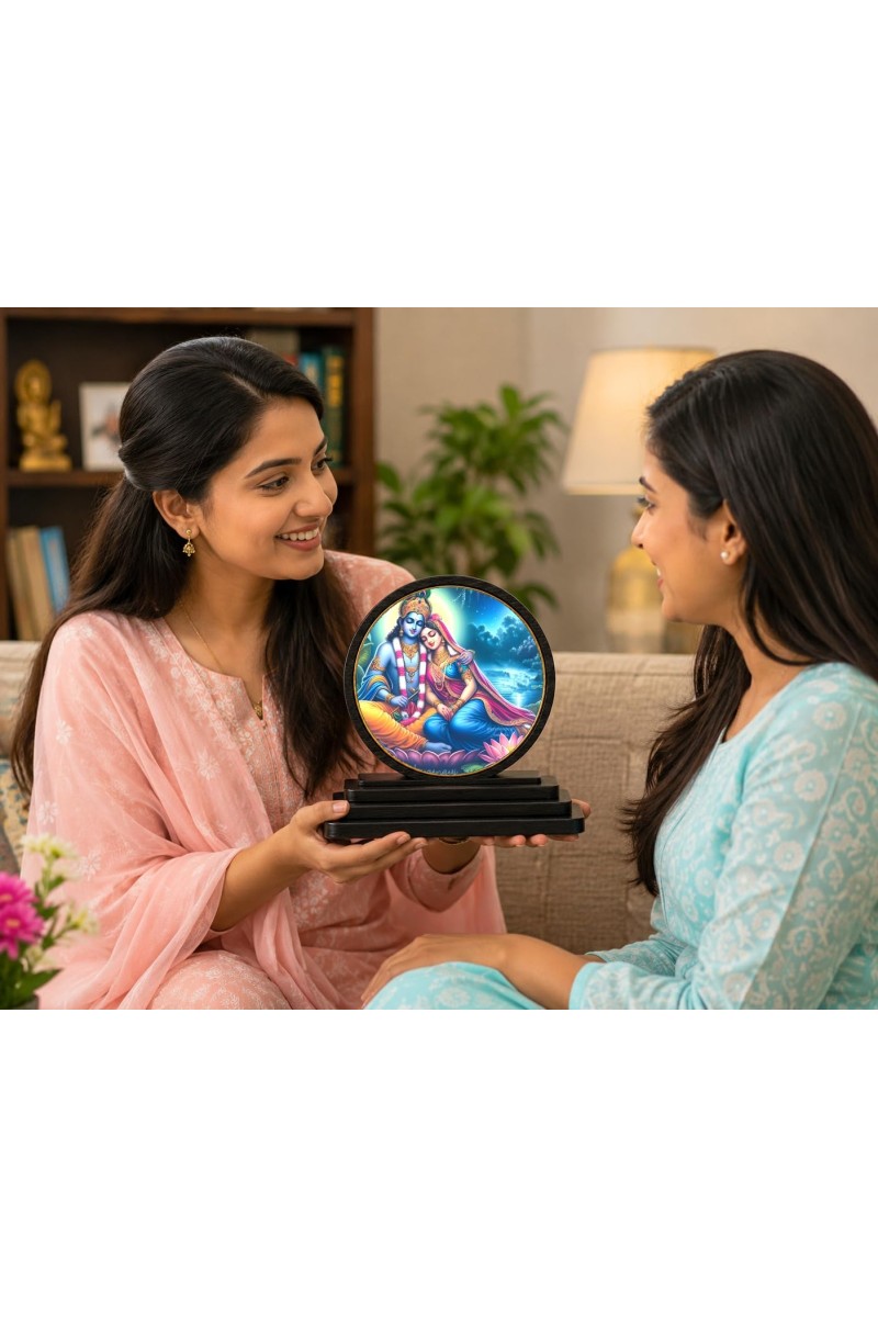 Car Dashboard Wooden Radhe Krishna Showpiece | 4 X 4.5 Inch Sublimation Printed Decorative Stand | 4 Mm MDF | Home Decor | Made in India (F33731)