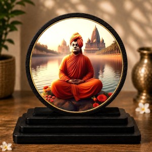Car Dashboard Wooden Swami Vivekananda Showpiece | 4 X 4.5 Inch Sublimation Printed Decorative Stand | 4 Mm MDF | Home Decor | Made in India (F33309)