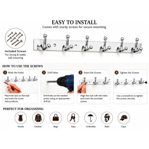 6 Hook Wall Mounted Coat & Towel Hanger Rack |Stainless Steel Clothes Hook Rail | Multipurpose Organizer for Bathroom, Kitchen, Bedroom & Entryway | Rust Resistant | Includes 5 Mounting Screws