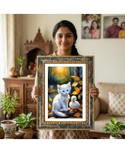 White Cat And A Duckling Decorative Photo Frame With White Mount | Premium Wall & Tabletop Picture Frame | Home, Office & Temple Decoration | 10x14 Inch (Pack Of 1) (F31412)