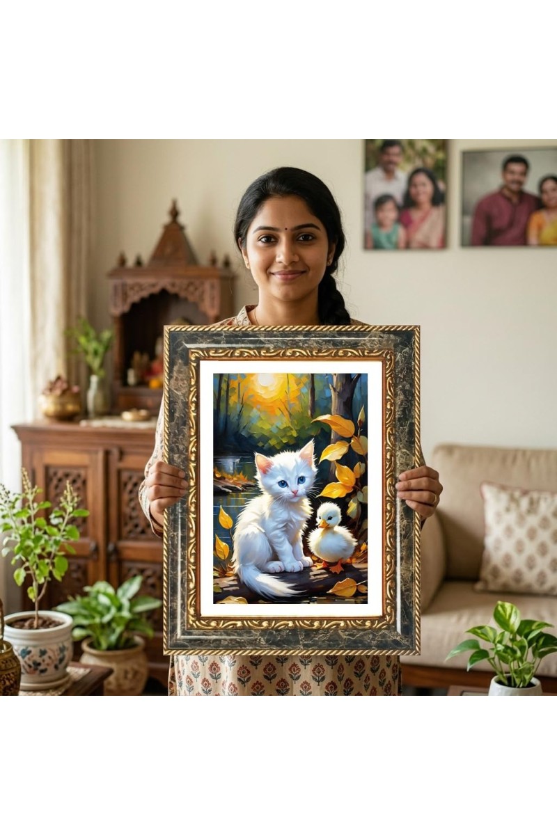 White Cat And A Duckling Decorative Photo Frame With White Mount | Premium Wall & Tabletop Picture Frame | Home, Office & Temple Decoration | 8x12 Inch (Pack Of 1) (F31412)