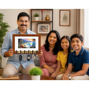 Decorative Wooden Photo Frame Key Hanger With Nature Picture, 12 X 8 Inch Wall Key Holder, 10 X 6 Inch Glossy Photo Frame, 6 Metal Hooks, Home Entrance Decor, Made In India (F38802)
