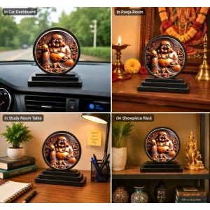 Car Dashboard Wooden Laughing Buddha Showpiece | 4 X 4.5 Inch Sublimation Printed Decorative Stand | 4 Mm MDF | Home Decor | Made in India (F33387)