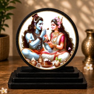 Car Dashboard Wooden Shiva and Parvati Showpiece | 4 X 4.5 Inch Sublimation Printed Decorative Stand | 4 Mm MDF | Home Decor | Made in India (F33738)