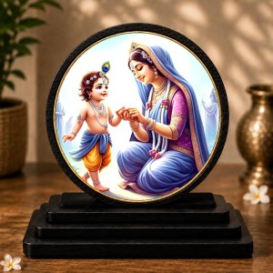 Car Dashboard Wooden Bal Krishna and Yashoda Showpiece | 4 X 4.5 Inch Sublimation Printed Decorative Stand | 4 Mm MDF | Home Decor | Made in India (F33682)