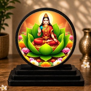 Car Dashboard Wooden Goddess Lakshmi Showpiece | 4 X 4.5 Inch Sublimation Printed Decorative Stand | 4 Mm MDF | Home Decor | Made in India (F33258)