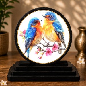 Car Dashboard Wooden Blue Birds Showpiece | 4 X 4.5 Inch Sublimation Printed Decorative Stand | 4 Mm MDF | Home Decor | Made in India (F33532)