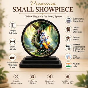 Car Dashboard Wooden Lord Krishna Showpiece | 4 X 4.5 Inch Sublimation Printed Decorative Stand | 4 Mm MDF | Home Decor | Made in India (F33659)