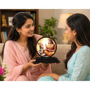 Car Dashboard Wooden Bal Krishna with Goddess Yashoda Showpiece | 4 X 4.5 Inch Sublimation Printed Decorative Stand | 4 Mm MDF | Home Decor | Made in India (F33268)