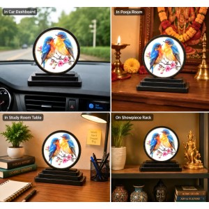 Car Dashboard Wooden Blue Birds Showpiece | 4 X 4.5 Inch Sublimation Printed Decorative Stand | 4 Mm MDF | Home Decor | Made in India (F33532)