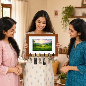 Decorative Wooden Photo Frame Key Hanger With Nature Picture, 12 X 8 Inch Wall Key Holder, 10 X 6 Inch Glossy Photo Frame, 6 Metal Hooks, Home Entrance Decor, Made In India (F38746)