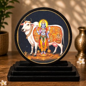 Car Dashboard Wooden Lord Krishna Showpiece | 4 X 4.5 Inch Sublimation Printed Decorative Stand | 4 Mm MDF | Home Decor | Made in India (F33559)