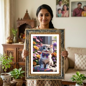 Vibrant Blue Portrait Of A Woman Decorative Photo Frame With White Mount | Premium Wall & Tabletop Picture Frame | Home, Office & Temple Decoration | 12x16 Inch (Pack Of 1) (F32551)