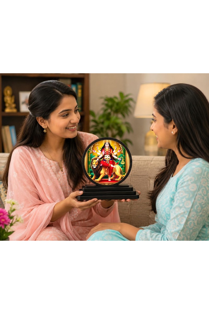 Car Dashboard Wooden Goddess Durga Showpiece | 4 X 4.5 Inch Sublimation Printed Decorative Stand | 4 Mm MDF | Home Decor | Made in India (F33678)