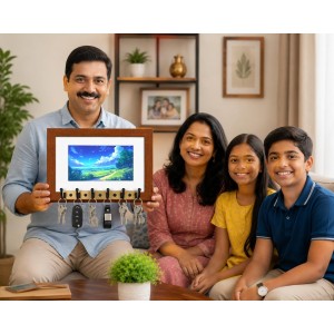Decorative Wooden Photo Frame Key Hanger With Nature Picture, 12 X 8 Inch Wall Key Holder, 10 X 6 Inch Glossy Photo Frame, 6 Metal Hooks, Home Entrance Decor, Made In India (F38732)