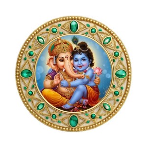 Lord Ganeshaa and Bal Krishna Fridge Magnet Wooden | Glossy Sublimation Print | 4x4 Inch | Strong Magnet Back | Decorative Magnet for Fridge, Almirah & Temple Decor (F23779)