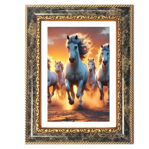 White Running Horses Decorative Photo Frame With White Mount | Premium Wall & Tabletop Picture Frame | Home, Office & Temple Decoration | 8x12 Inch (Pack Of 1) (F32519)