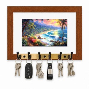 Decorative Wooden Photo Frame Key Hanger With Nature Picture, 12 X 8 Inch Wall Key Holder, 10 X 6 Inch Glossy Photo Frame, 6 Metal Hooks, Home Entrance Decor, Made In India (F38802)
