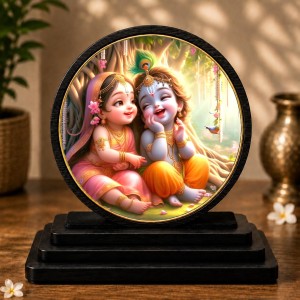 Car Dashboard Wooden Radhaa Krishna Showpiece | 4 X 4.5 Inch Sublimation Printed Decorative Stand | 4 Mm MDF | Home Decor | Made in India (F33448)