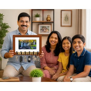 Decorative Wooden Photo Frame Key Hanger With Nature Picture, 12 X 8 Inch Wall Key Holder, 10 X 6 Inch Glossy Photo Frame, 6 Metal Hooks, Home Entrance Decor, Made In India (F38933)