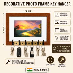 Decorative Wooden Photo Frame Key Hanger With Nature Picture, 12 X 8 Inch Wall Key Holder, 10 X 6 Inch Glossy Photo Frame, 6 Metal Hooks, Home Entrance Decor, Made In India (F38726)