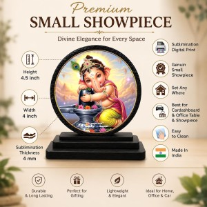 Car Dashboard Wooden Bal Ganesha Hugging A Shiva Lingam Showpiece | 4 X 4.5 Inch Sublimation Printed Decorative Stand | 4 Mm MDF | Home Decor | Made in India (F33480)