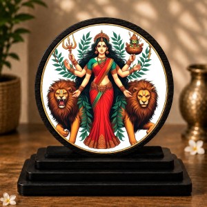 Car Dashboard Wooden Goddess Durga Showpiece | 4 X 4.5 Inch Sublimation Printed Decorative Stand | 4 Mm MDF | Home Decor | Made in India (F33453)