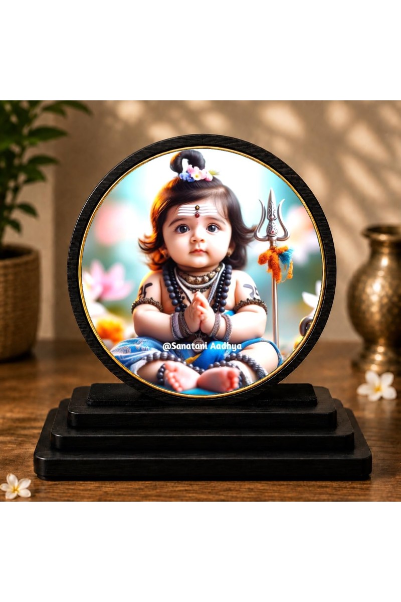 Car Dashboard Wooden Baby Shiva Showpiece | 4 X 4.5 Inch Sublimation Printed Decorative Stand | 4 Mm MDF | Home Decor | Made in India (F33277)