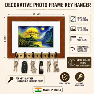 Decorative Wooden Photo Frame Key Hanger With Nature Picture, 12 X 8 Inch Wall Key Holder, 10 X 6 Inch Glossy Photo Frame, 6 Metal Hooks, Home Entrance Decor, Made In India (F38844)
