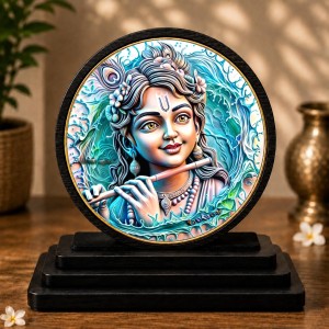 Car Dashboard Wooden Lord Krishna Showpiece | 4 X 4.5 Inch Sublimation Printed Decorative Stand | 4 Mm MDF | Home Decor | Made in India (F33465)