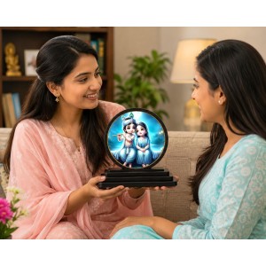 Car Dashboard Wooden Radhaa Krishna Showpiece | 4 X 4.5 Inch Sublimation Printed Decorative Stand | 4 Mm MDF | Home Decor | Made in India (F33501)